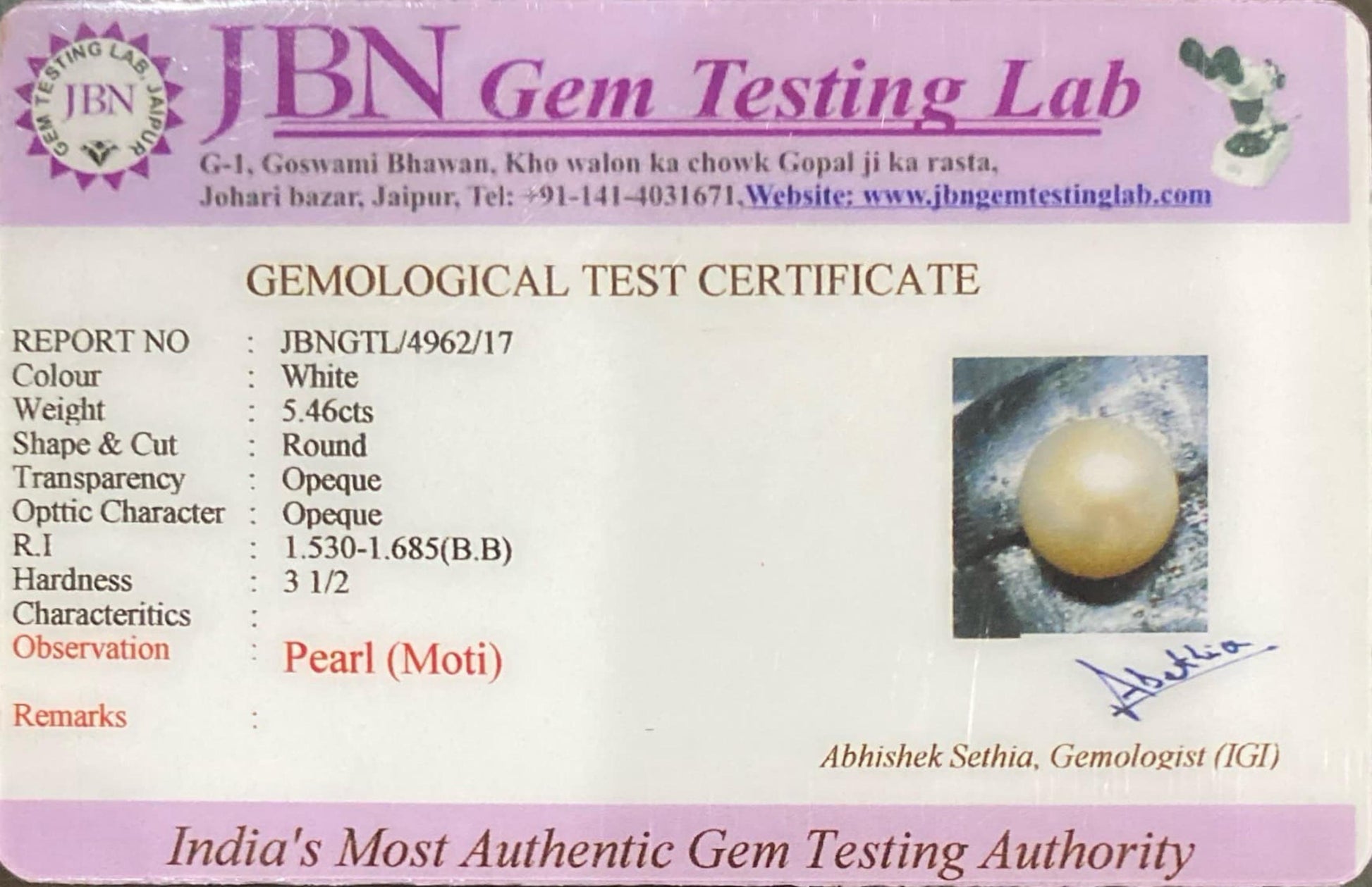 Gemstone Certificate
